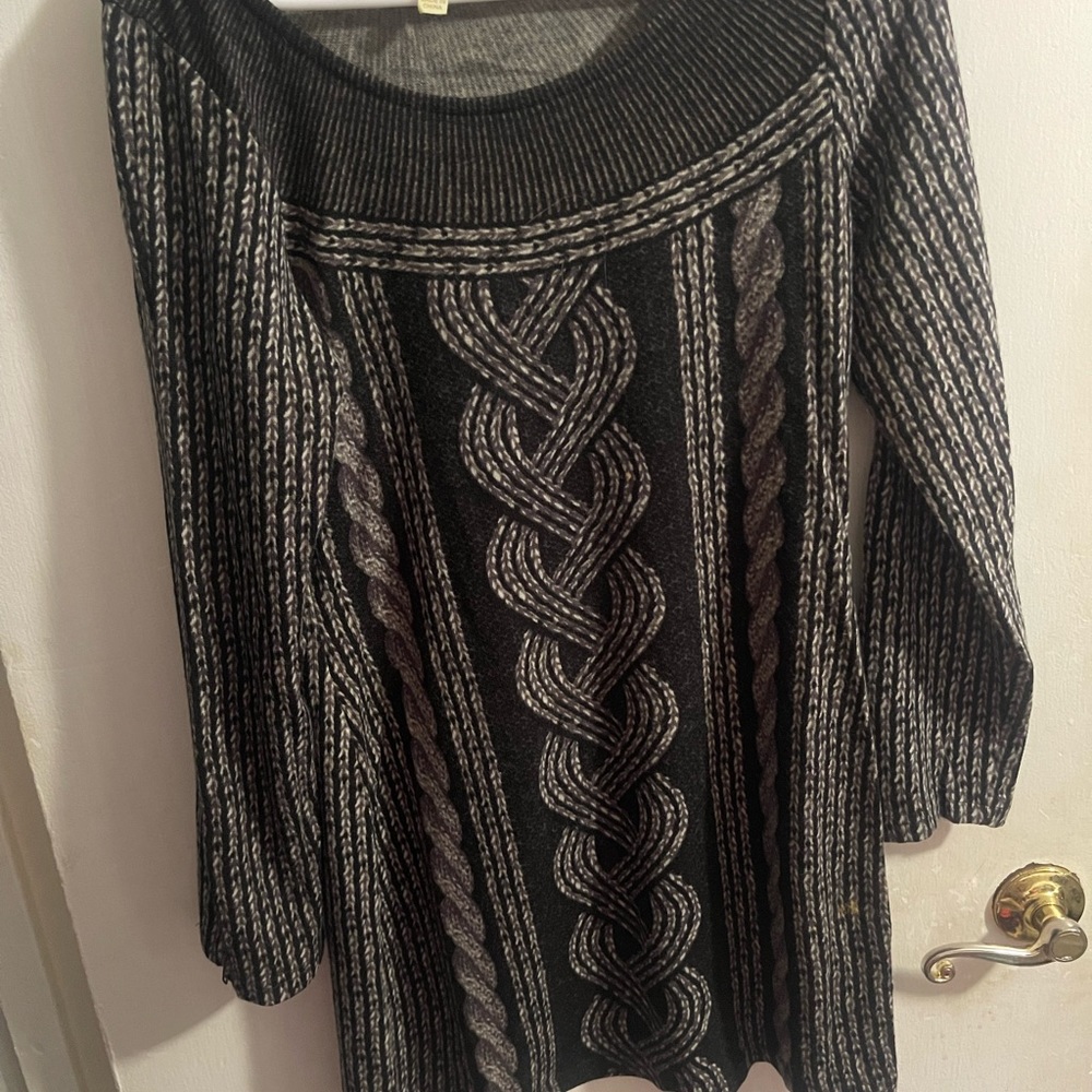 Long brown, black rope pattern sweater; thin, worn once.